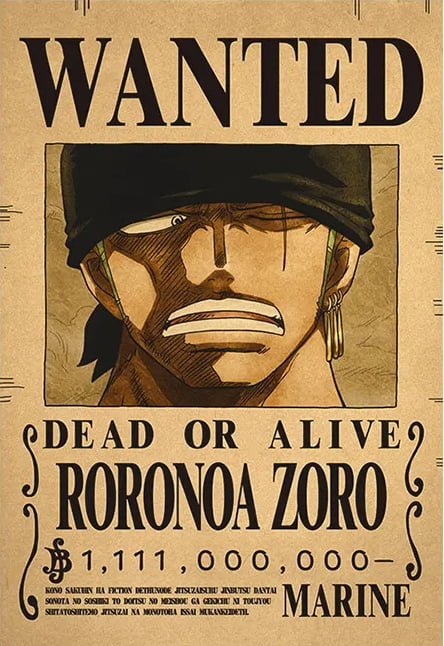 Affiche wanted Roronoa Zoro 1,1 milliard de Berry ONE PIECE